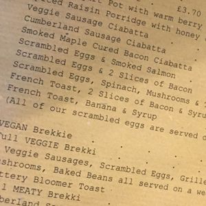 part of menu  at Nibble Cafe in Manchester
