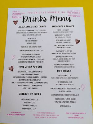 Menu drinks at Nibble Cafe in Manchester