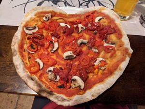 Pizza in heartshape for Valentines day :-) at Rouhe in Aekaeslompolo