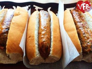 One of the sausages from the new Vegan Food Pimp Range, these are spicy Italian and are regularly served with a big pile of mash and thick gravy!  at Vegan Food Pimp in Brighton