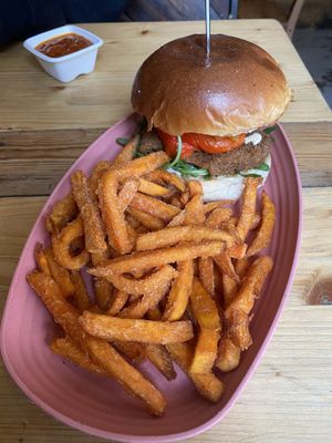 Chick’n Burger Classic with sweet potato fries  at Lia's Kitchen in Berlin