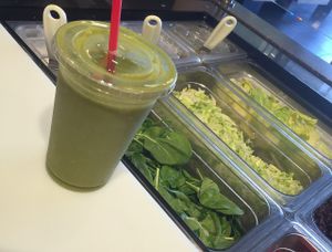 Green smoothie!  Add spinach to any smoothie, vegan friendly - don't add yogurt at Pita Pit in Houston
