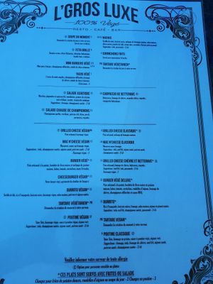 Menu 100% vege avec les options veganes at L'Gros Luxe in Quebec