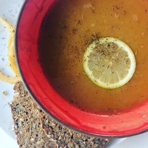 Typical lunch - warming soup and rye bread at Tusk Bakery and Cafe in Beirut