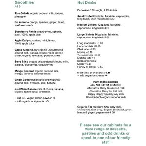 Drinks menu at Eat Drink Raw in Karrinyup