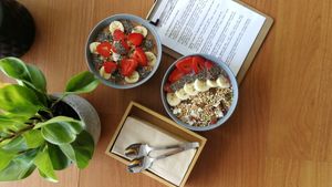 1. Acai Smoothie Bowl AUD15
Organic almond milk, strawberries, banana, raw granola, chia seeds

2. PB Choc Banana Smoothie Bowl AUD12
Organic almond milk, house-made peanut butter, at Eat Drink Raw in Karrinyup