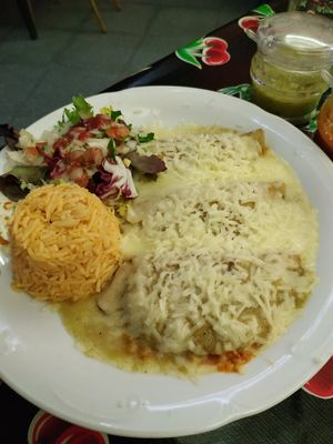 Vegan enchilada with vegan cheese and seitan al pastor at Quetzal - Cocina Mexicana in Barcelona