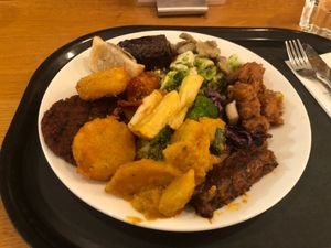 My plate of little tasters of all things that looked interesting and three chips just for fun! at Spirit in Amsterdam