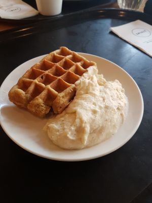 Waffle with white chocolate moose. Oh so yummy.. at Spirit in Amsterdam