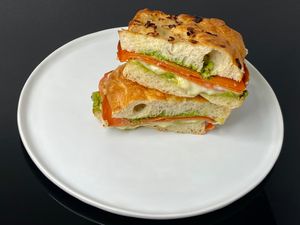 ham + Swiss panini (cut in half + plated at home) at Razzi's Pizzeria - Howell St in Seattle