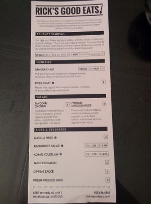 Front of menu at Rick's Good Eats in Mississauga