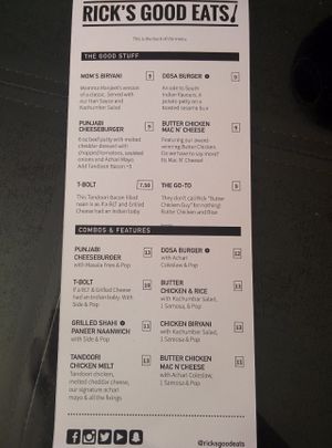 Back of menu at Rick's Good Eats in Mississauga