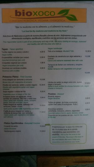 Menu at BioXoco in Barcelona