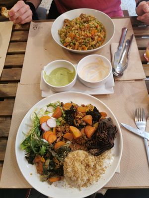 Estofado zanahoria y risotto at BioXoco in Barcelona