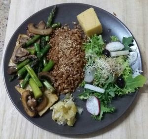 To fu a la plancha con espárragos  Trigueros y setas at BioXoco in Barcelona