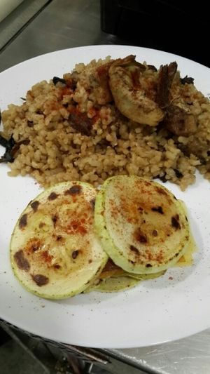 Mushroom risotto and vegetable tower at La Ola Verde in Lanzarote