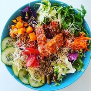 Buddha Bowl with homemade tempeh at La Ola Verde in Lanzarote