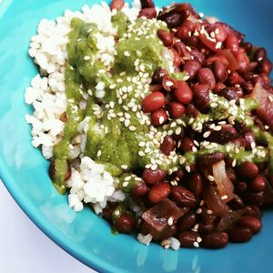 Sweet & Sour beans with pesto rice at La Ola Verde in Lanzarote