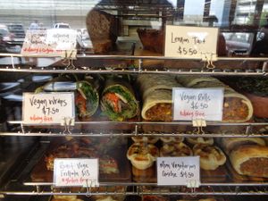 Grindz Cafe, a part of the fresh stuff they had to offer that day, all marked vegan / DF / GF at Grindz Cafe in Tauranga