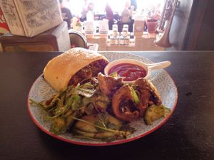 vegan "meat" roll and marinated mushroom salad at Grindz Cafe in Tauranga