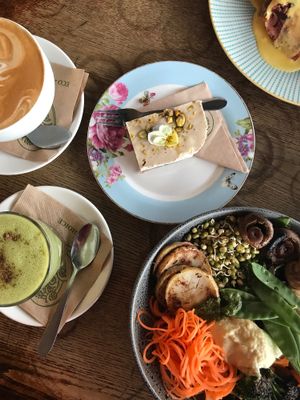 Vegan raw slice, Buddha bowl and matcha coconut milk latte at Grindz Cafe in Tauranga