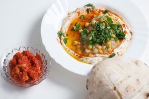Hummus with pita bread and spicy Moroccan salad at Kako Da Ne in Zagreb
