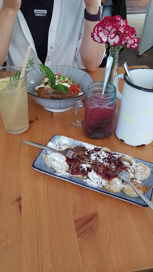 Vegan poffertjes with plum sauce & poppy seed alsan butter at Poffers Cafe in Stuttgart