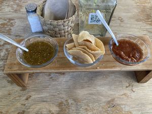 Chips and salsa brought to the table when you are seated   at La Flaca - Americana in Guadalajara