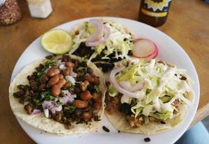 Vegan tacos with refried beans, mushroom and soy crumble at La Flaca - Americana in Guadalajara