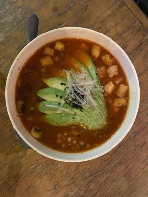 Delicious pozole rojo with variety of mushrooms and tofu.  at La Flaca - Americana in Guadalajara