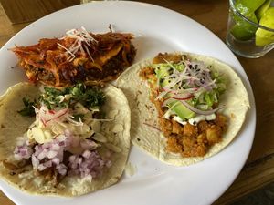 Excellent tacos de barbacoa de berenjena, alambre and papas con chorizo de soya.  at La Flaca - Americana in Guadalajara