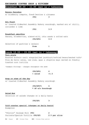 Lunch menu at Exchange Coffee Shop & Kitchen in Bristol