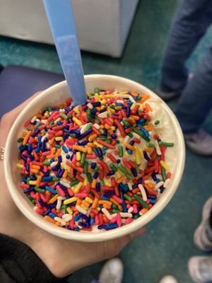 Small vanilla cup with rainbow sprinkles   at Wilton Creamery in Wilton Manors
