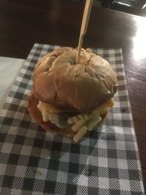 Mac and cheese burger  at Brewski in Brisbane