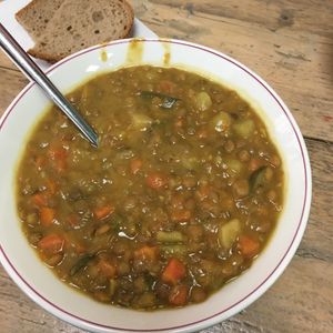 Vegan lentil soup at Suppen Fabrik in Muenster
