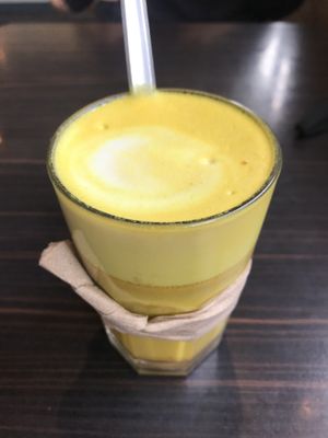 Tumeric latte with soy milk  at Powerhouse Cafe in Hanmer Springs