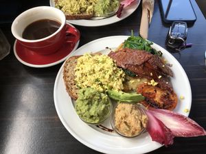 Scrambled tofu with vegan ‘bacon’ and colcannon  at Powerhouse Cafe in Hanmer Springs