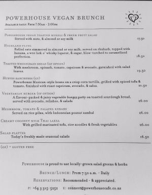 Vegan Brunch Menu at Powerhouse Cafe in Hanmer Springs