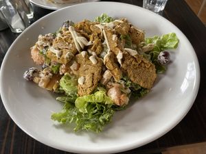 Warm ‘chicken’ salad (pricy at $34 but enough for two meals)  #Veganuary at Powerhouse Cafe in Hanmer Springs
