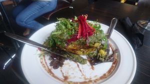 Corn and zucchini fritter stack  at Powerhouse Cafe in Hanmer Springs