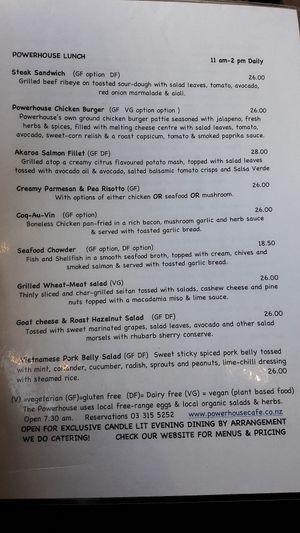 lunch menu at Powerhouse Cafe in Hanmer Springs