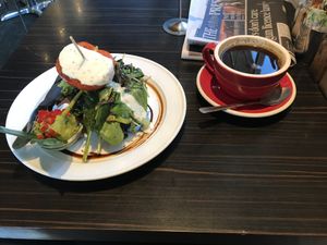 Corn fritters with vegan aioli, americano  at Powerhouse Cafe in Hanmer Springs