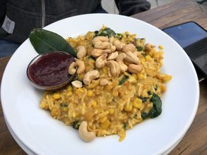 Kedgeree: creamy garam-marsala scented rice pilau, with roast root vegetables & coconut milk, beside blackboy peach, tamarind & chilli jam, roast cashews, spinach & scrambled tofu at Powerhouse Cafe in Hanmer Springs