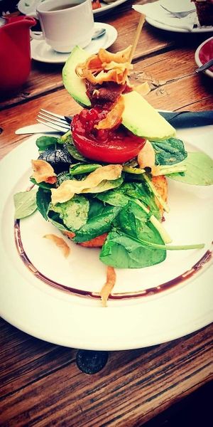 Kumara and corn hash stack with avo and vegan mozzarella - yum! at Powerhouse Cafe in Hanmer Springs