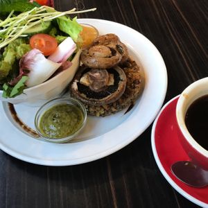 Grilled mushrooms with salad, pesto, miso and mushroom/chestnut patty & an americano  at Powerhouse Cafe in Hanmer Springs