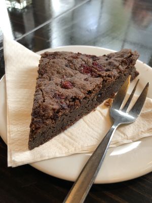 Chocolate raspberry brownie  at Powerhouse Cafe in Hanmer Springs