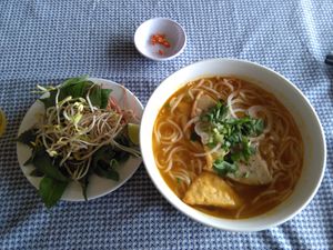 vegan noodle soup and veggies side dish at Sala in Phan Rang