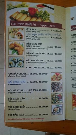 Menu at Sala in Phan Rang