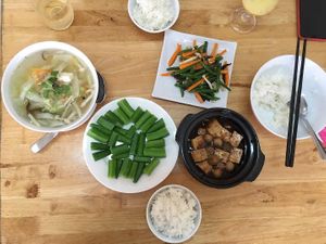 Okra, green beans, tofu with mushrooms, tofu with cabbage at Sala in Phan Rang