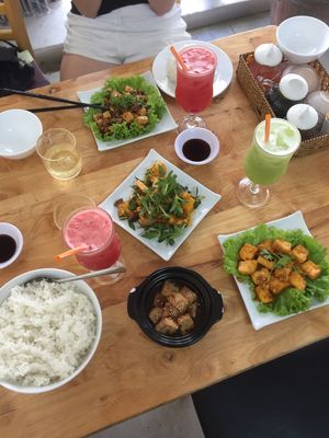 Big portion of rice and small dishes, watermelon fresh (we asked without sugar) at Sala in Phan Rang